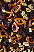Chocolate and salted pretzel trail mix with pistachio nuts
