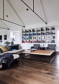 Classic living room with high ceiling and dark wooden floor