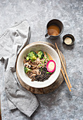 Miso zoodle ramen with beet egg