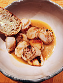 Grilled scallops in a vinegar sauce with white bread