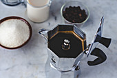 Ingredients for Dalgona Coffee: espresso, milk and sugar