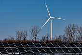 Wind farm and solar panels in snow, Michigan, USA