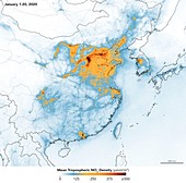 Nitrogen dioxide levels, China, January 2020