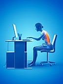 Woman with a painful back while working, illustration
