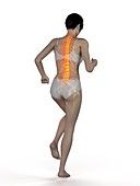 Woman with a painful back while walking, illustration