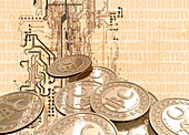 Bitcoins and circuit board, illustration