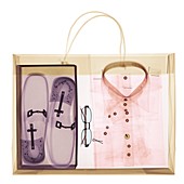 Paper shopping bag with shirt and shoes in a box, X-ray