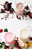 Smoothies with milk, strawberry, banana and chocolate