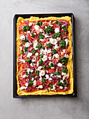 Vegan polenta pizza with tomatoes, onions and pesto