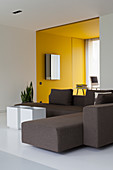 Graues Sofa im modernen Architektenhaus mit gelbem Raum