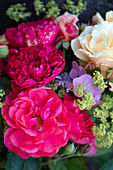 Bouquet of roses, lady's mantel and hydrangeas