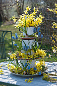 Self-made cake stand made from plates and milk pots, decorated with gold bells and grape hyacinths