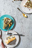 Three pieces of ice cream cake with pistachios