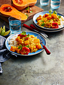 Pumpkin and tomato dal with rice (India)