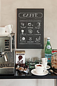 Coffee machine, cappuccino cup and mineral water below poster of types of coffee