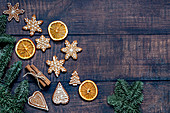 Christmas Gingerbread cookies with dried oranges and cinnamon sticks