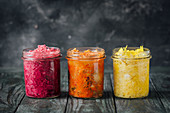 Kimchi, cabbage with turmeric and cumin, cabbage with beetroot and fennel