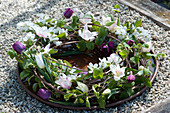 Wreath with tulips, wheel spars, tendrils and twigs on coasters with water