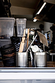 Different utensils in a restaurant kitchen