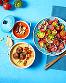 Colourful tomato salad, polenta with meatballs and tomatoes, and tomato soup