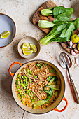 Tinned Salmon Pasta with Pak Choi and Edemame Beans