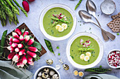 Green asparagus soup with radishes and egg