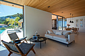 Open-plan living-dining room in modern, architect-designed house