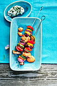 Colourful vegetables kebabs with smoked pepper mayonnaise and a sour cream dip