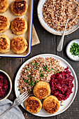 Chickpeas no-meatballs with buckwheat and beets