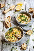 Creamy chicken soup with pasta and corn