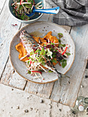 Grilled mackerel on mashed lentils with an apple and herb salad