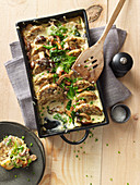 Dumpling gratin with pointed cabbage and mushrooms