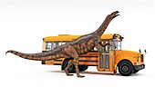 Plateosaurus and school bus, illustration