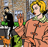 Anxious neighbours keeping distance outdoors, illustration