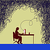 Woman on computer linked to tangled line, illustration