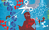 Scissors cutting DNA helix, illustration