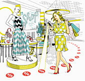 Woman using smart phone to shop for bargains, illustration