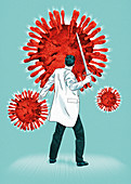 Scientist fighting coronavirus with sword, illustration