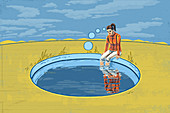 Woman dangling feet in thought bubble pool, illustration