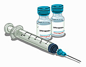 Hypodermic syringe and bottles of medicine, illustration