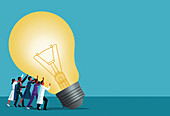 Healthcare workers raising light bulb, illustration