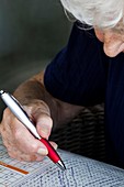 Elderly woman doing crossword
