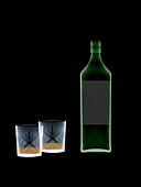 Whiskey bottle and glasses, X-ray