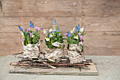 Spring flower arrangement decorated with birch bark