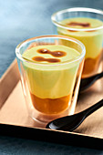Panna cotta with green tea and mango compote