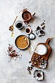 Ingredients for peanut butter cup chocolate fudge popsicles.