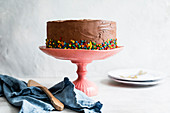 Round cake with chocolate frosting and edible sequins on a pink cake stand.