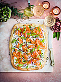 Smoked salmon focaccia with onion and capers