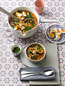Chickpea soup with spinach and hard-boiled eggs
