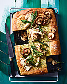 Chicken and sage brioche tart with pickled mushrooms